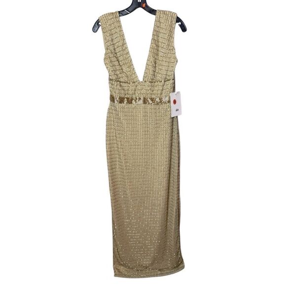 NWT MAC DUGGAL Gold Beaded Cap Sleeve V Neck Column Gown Size 4 style 5625 - Picture 5 of 14